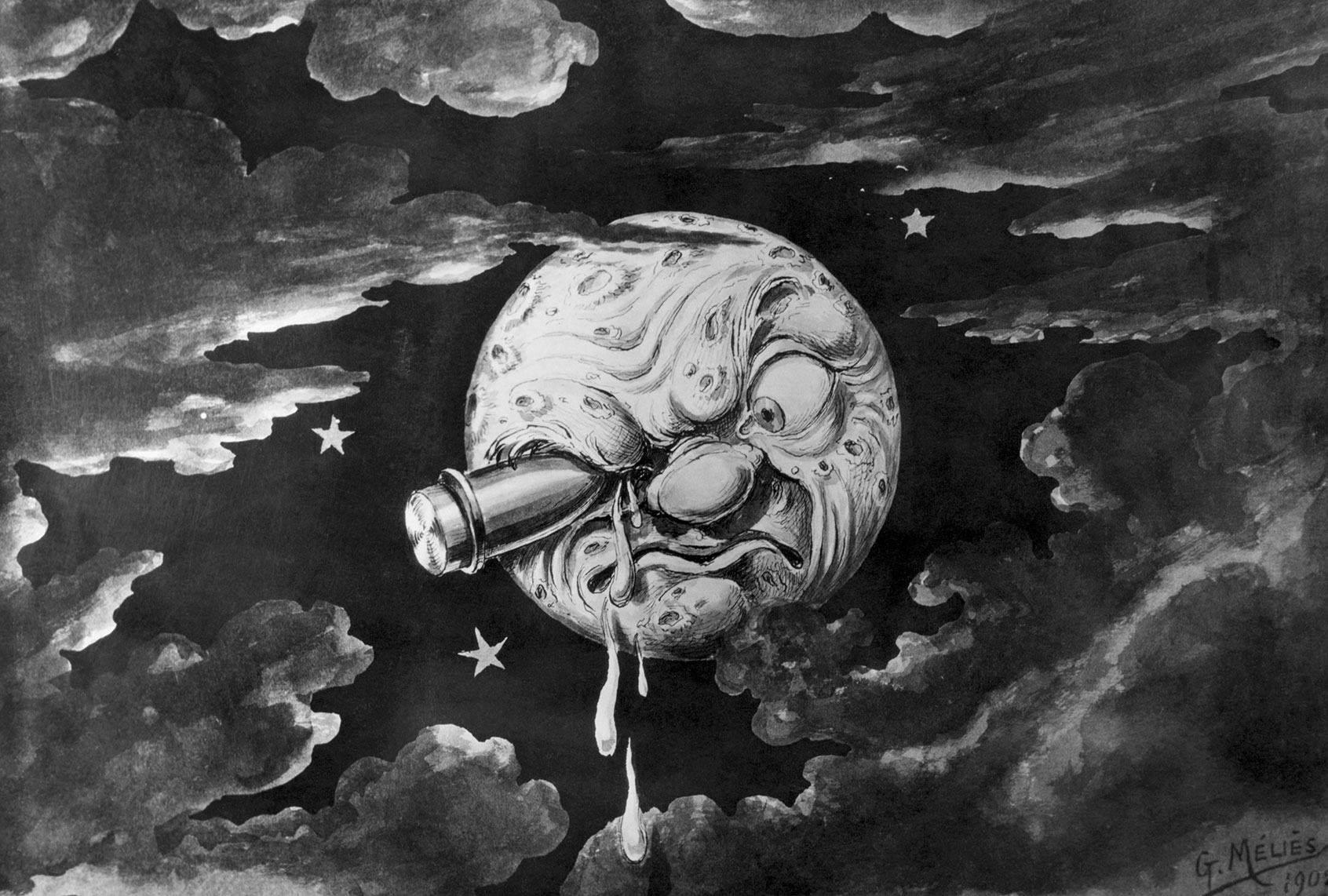 "A Trip to the Moon." French movie by Georges Melies, 1902. Space rocket hits moon in the eye. (Bettmann/Getty Images)