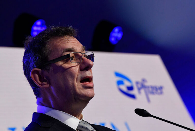 Pfizer CEO Albert Bourla talks during a press conference with European Commission President after a visit to oversee the production of the Pfizer-BioNtech Covid-19 vaccine at the factory of US pharmaceutical company Pfizer, in Puurs, on April 23, 2021. (JOHN THYS/POOL/AFP via Getty Images)