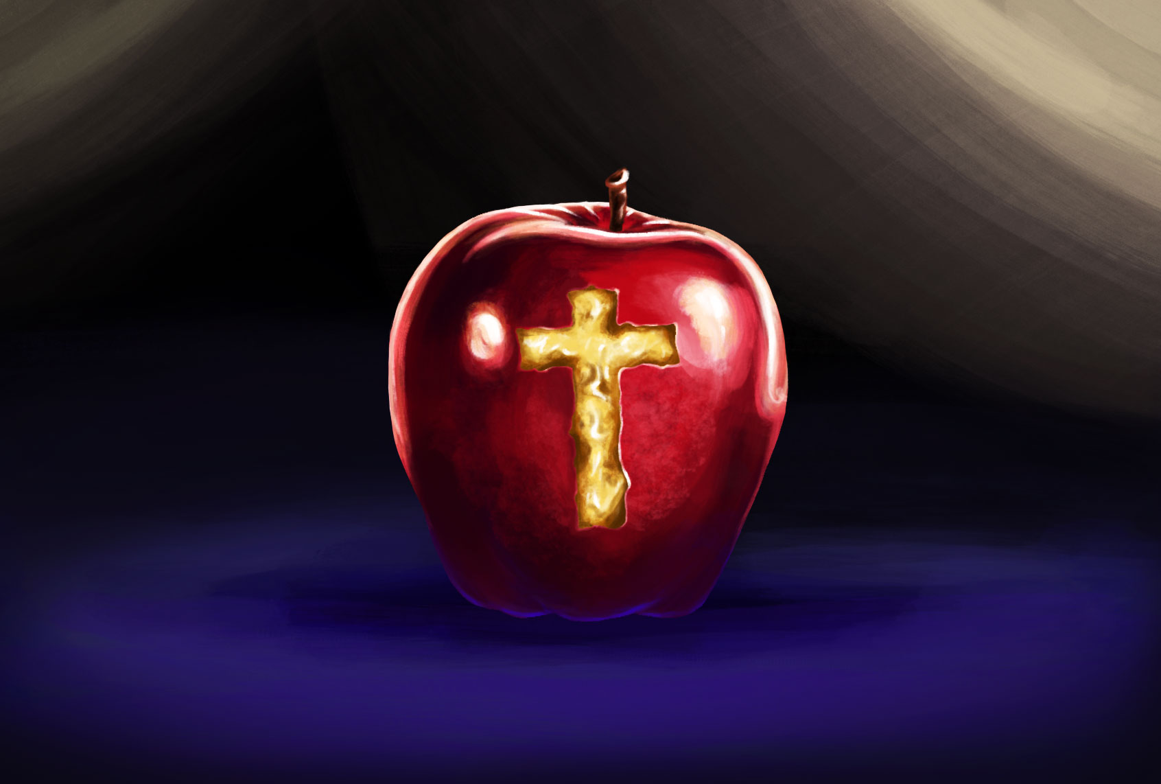 A shiny red apple with a cross carved into it (Illustration by Ilana Lidagoster/Salon)