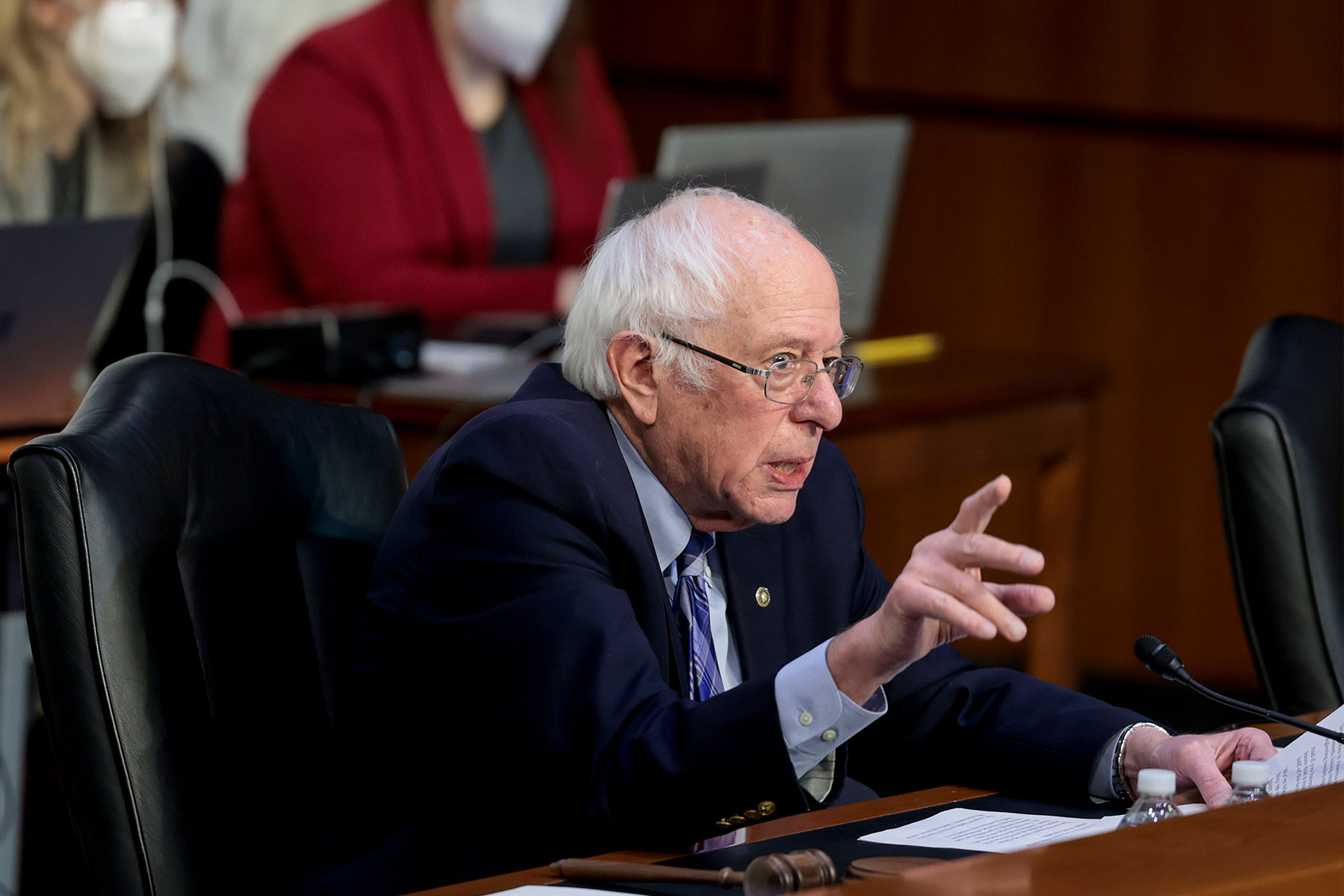 Senate Budget Committee Chairman Bernie Sanders speaks during a committee hearing in the Hart Senate Office building on February 17, 2022 in Washington, DC. The committee heard testimony about Warrior Met Coal’s ongoing miner strike which has lasted since April 2021 over demands for better pay and benefits. (Anna Moneymaker/Getty Images)