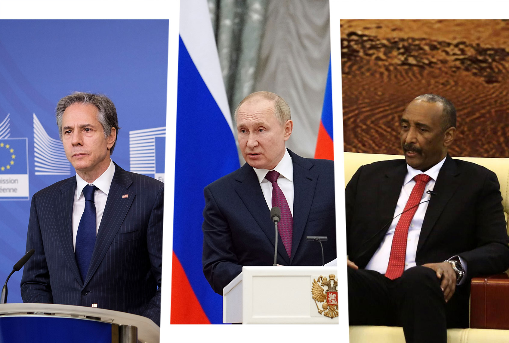 United States Secretary of State Tony Blinken, Russian President Vladimir Putin and Chairman of Sudan's Sovereign Council Abdel-Fattah al-Burhan (Photo illustration by Salon/Getty Images)