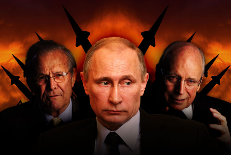 Former US Secretary of Defense Donald Rumsfeld, Russian President Vladimir Putin and former US Vice President Dick Cheney (Photo illustration by Salon/Getty Images)