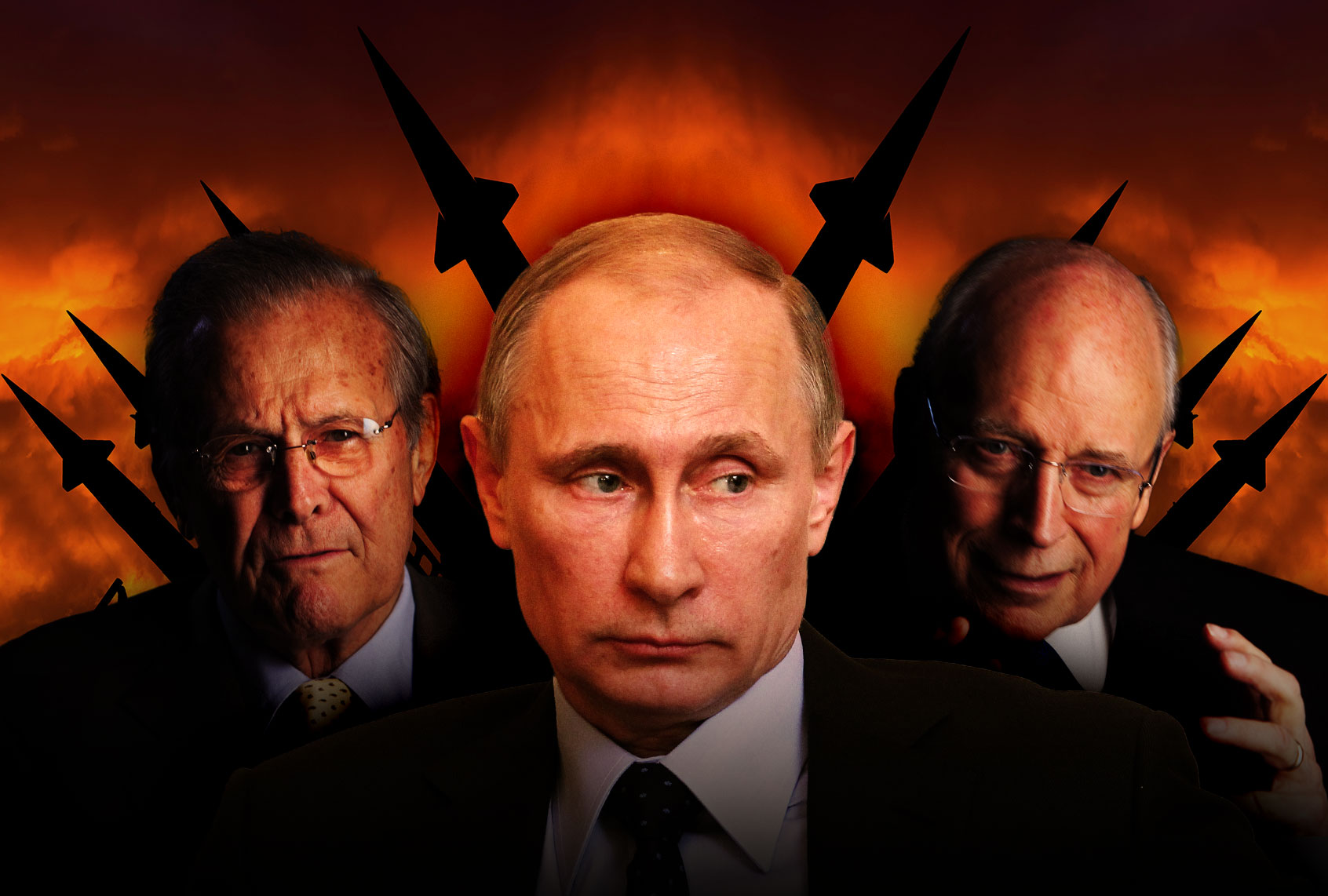Former US Secretary of Defense Donald Rumsfeld, Russian President Vladimir Putin and former US Vice President Dick Cheney (Photo illustration by Salon/Getty Images)