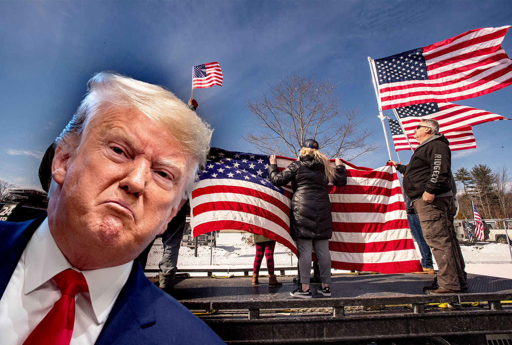 Donald Trump | People wave large flags from the top of a tow truck at the kickoff rally for the northeast convoy to DC at an I95 service area in Kennebunkport, Maine, March 2, 2022. - Rally attendees and speakers protest against vaccine mandates, covid treatments and government emergency orders. They claimed their convoy would enter DC. (Photo illustration by Salon/Getty Images)