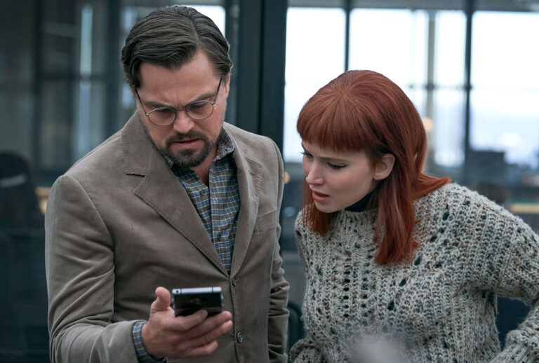 Leonardo DiCaprio and Jennifer Lawrence in "Don't Look Up" (Niko Tavernise/Netflix)
