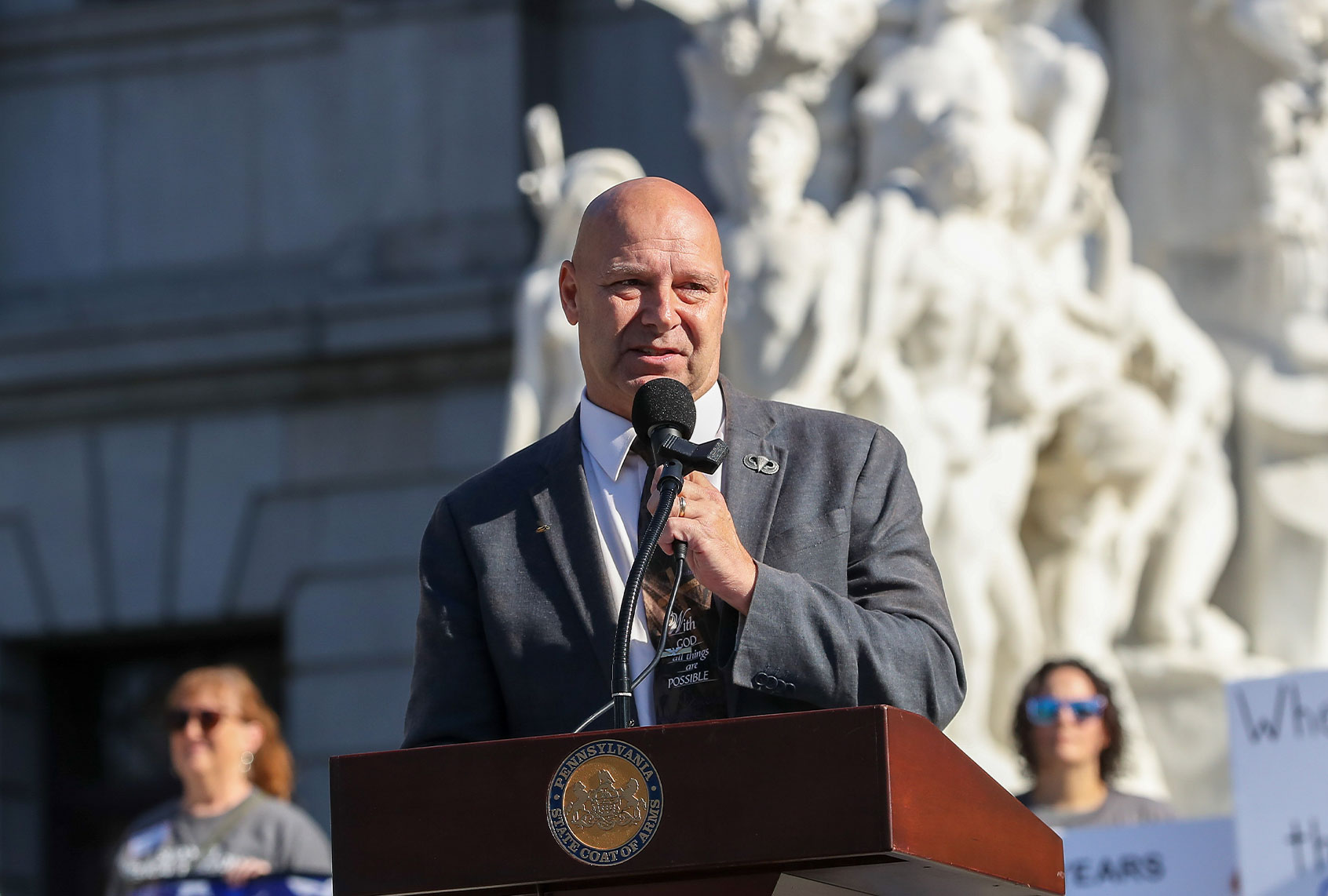 Pennsylvania State Senator Doug Mastriano (R - Franklin County) speaks during the "Medical Freedom Rally" on the steps of the Pennsylvania State Capitol. About 100 people attended the rally opposing vaccine mandates which was organized by Doug Mastriano, a Republican candidate for Pennsylvania governor. (Paul Weaver/SOPA Images/LightRocket via Getty Images)