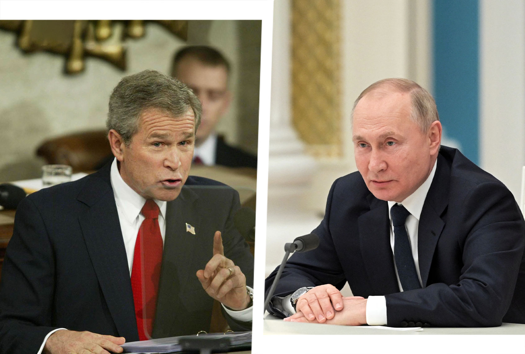 US President George W. Bush make a point during his State of the Union address 20 January 2004 on Capitol Hill in Washington, DC. In his speech, Bush had vowed that the United States "will never seek a permission slip" to go to war as he took aim in his annual State of the Union speech at critics of the invasion of Iraq. | Russian President Vladimir Putin chairs a meeting of big businesses at the Kremlin in Moscow on February 24, 2022. - Russian President Vladimir Putin on Thursday said his country wanted to remain part of the world economy and had no plans to harm it. Russian President Vladimir Putin launched a full-scale invasion of Ukraine on Thursday, killing dozens and triggering warnings from Western leaders of unprecedented sanctions. Russian air strikes hit military installations across the country and ground forces moved in from the north, south and east, forcing many Ukrainians flee their homes to the sounds of bombing. (Photo illustration by Salon/Getty Images/Stephen JAFFE/AFP/Alexey NIKOLSKY)