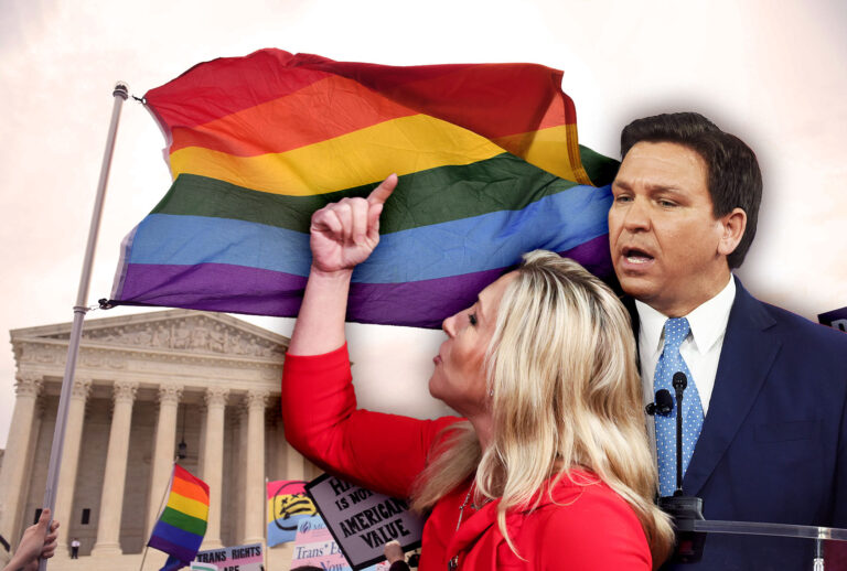 Ron DeSantis and Marjorie Taylor Greene | Demonstrators in favor of LGBT rights rally outside the US Supreme Court in Washington, DC (Photo illustration by Salon/Getty Images)