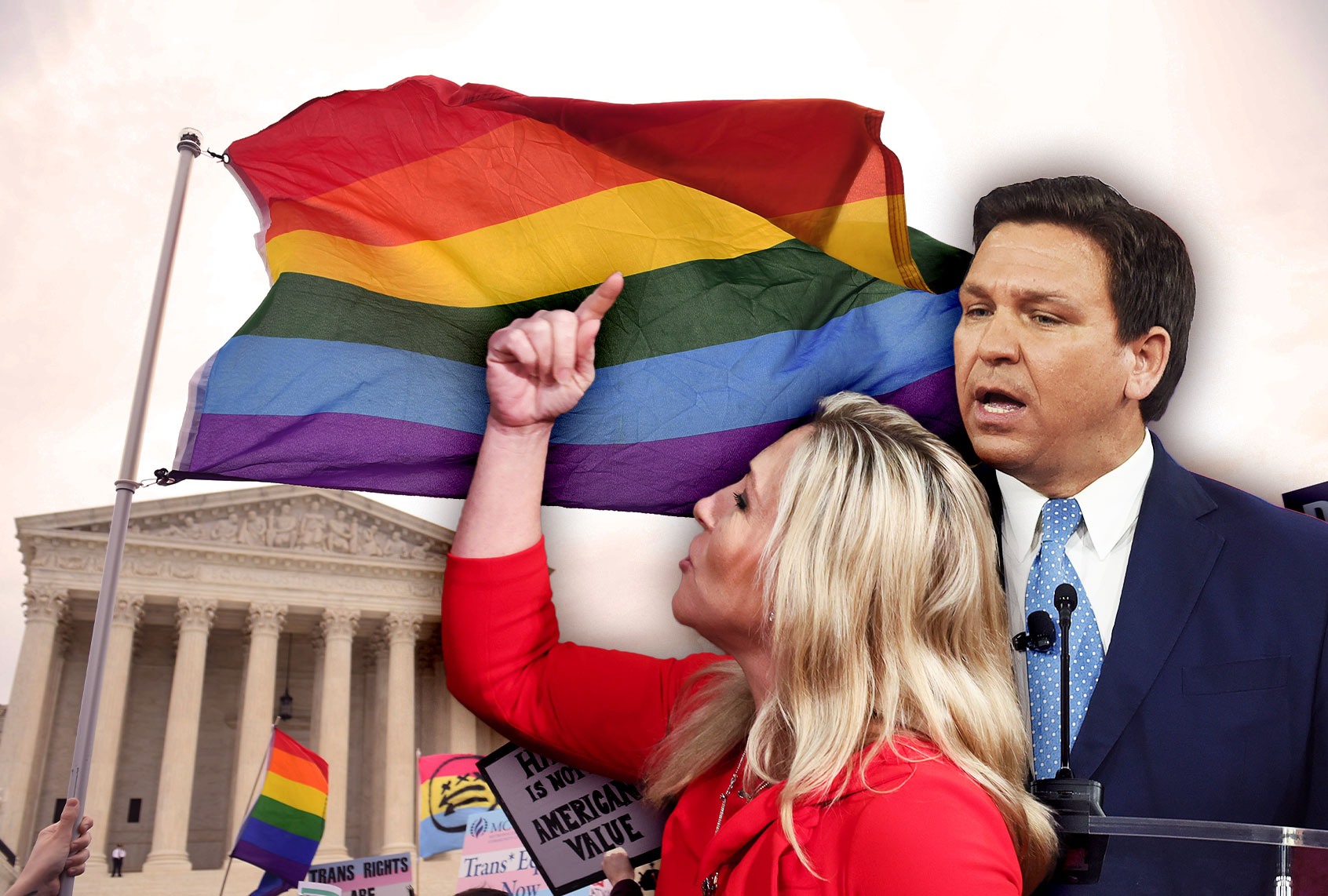 Ron DeSantis and Marjorie Taylor Greene | Demonstrators in favor of LGBT rights rally outside the US Supreme Court in Washington, DC (Photo illustration by Salon/Getty Images)