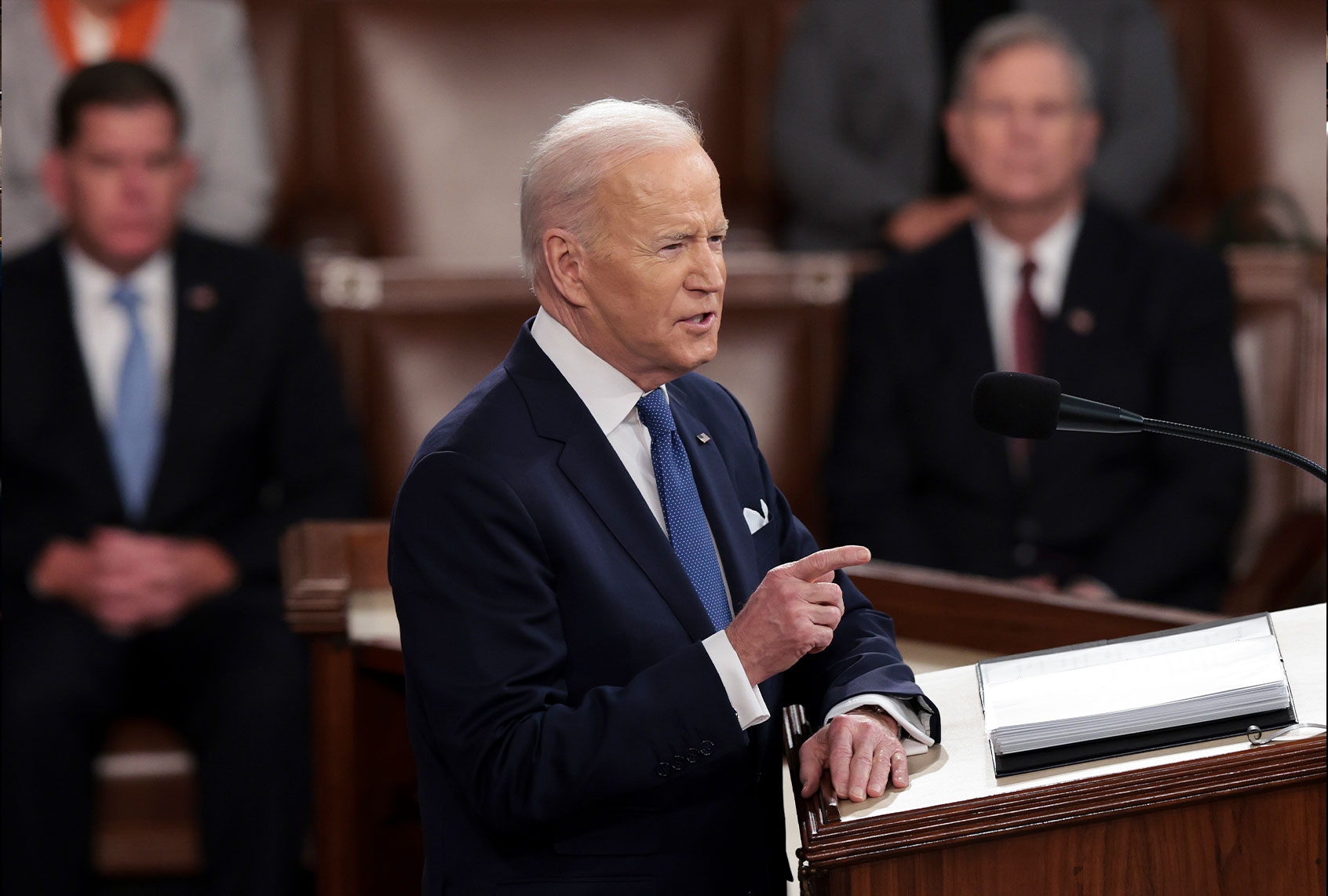 U.S. President Joe Biden delivers the State of the Union address during a joint session of Congress in the U.S. Capitol's House Chamber March 01, 2022 in Washington, DC. During his first State of the Union address Biden spoke on his administration's efforts to lead a global response to the Russian invasion of Ukraine, work to curb inflation and to bring the country out of the COVID-19 pandemic. (Win McNamee/Getty Images)