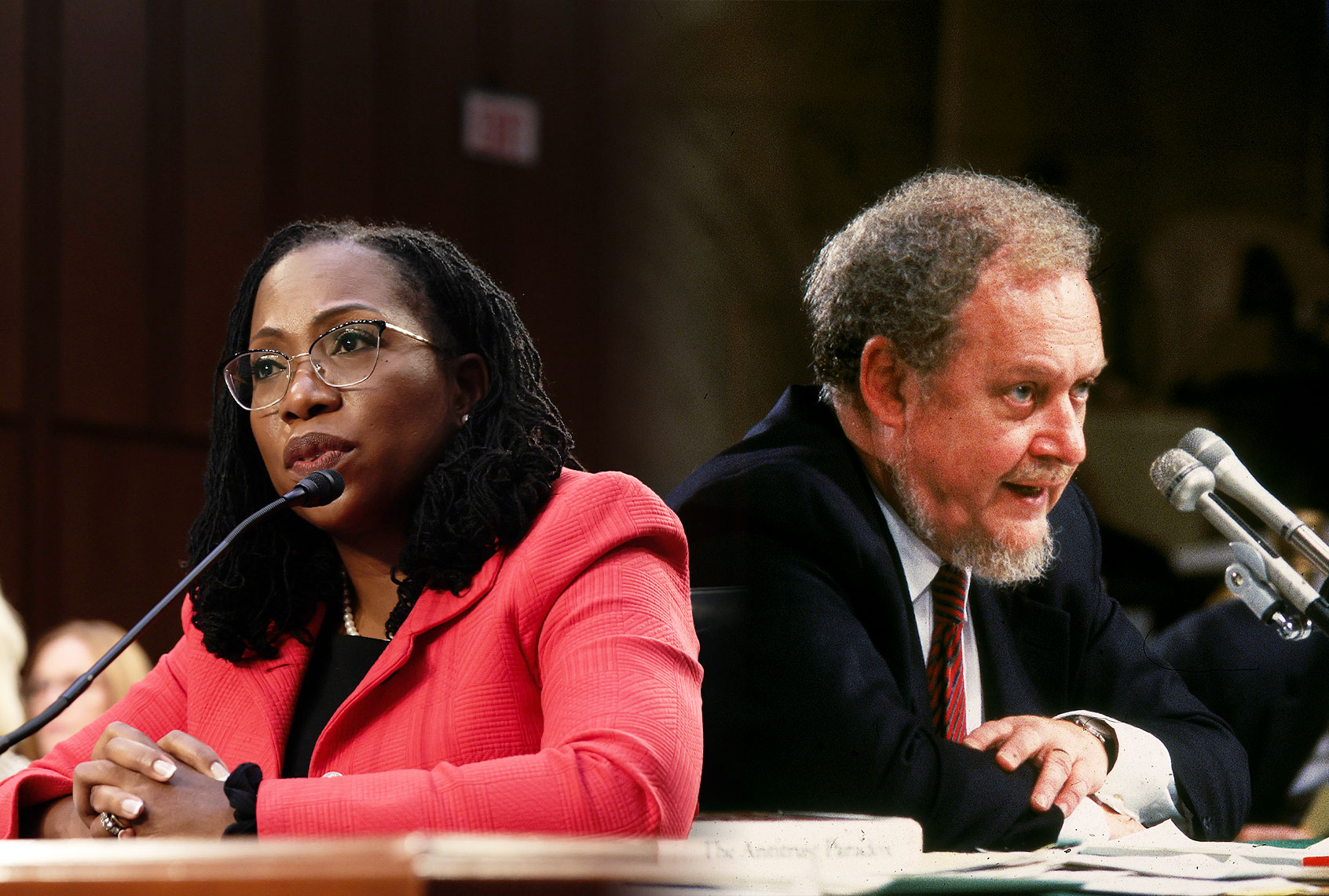 U.S. Supreme Court nominee Judge Ketanji Brown Jackson testifies during her confirmation hearing before the Senate Judiciary Committee in the Hart Senate Office Building on Capitol Hill, March 22, 2022 in Washington, DC. | Nominee for the Supreme Court, Judge Robert Bork, testifies on the fourth day of his Supreme Court confirmation hearing in Washington D C. Bork was rejected by the Senate. (Photo illustration by Salon/Getty Images/Anna Moneymaker/CNP)