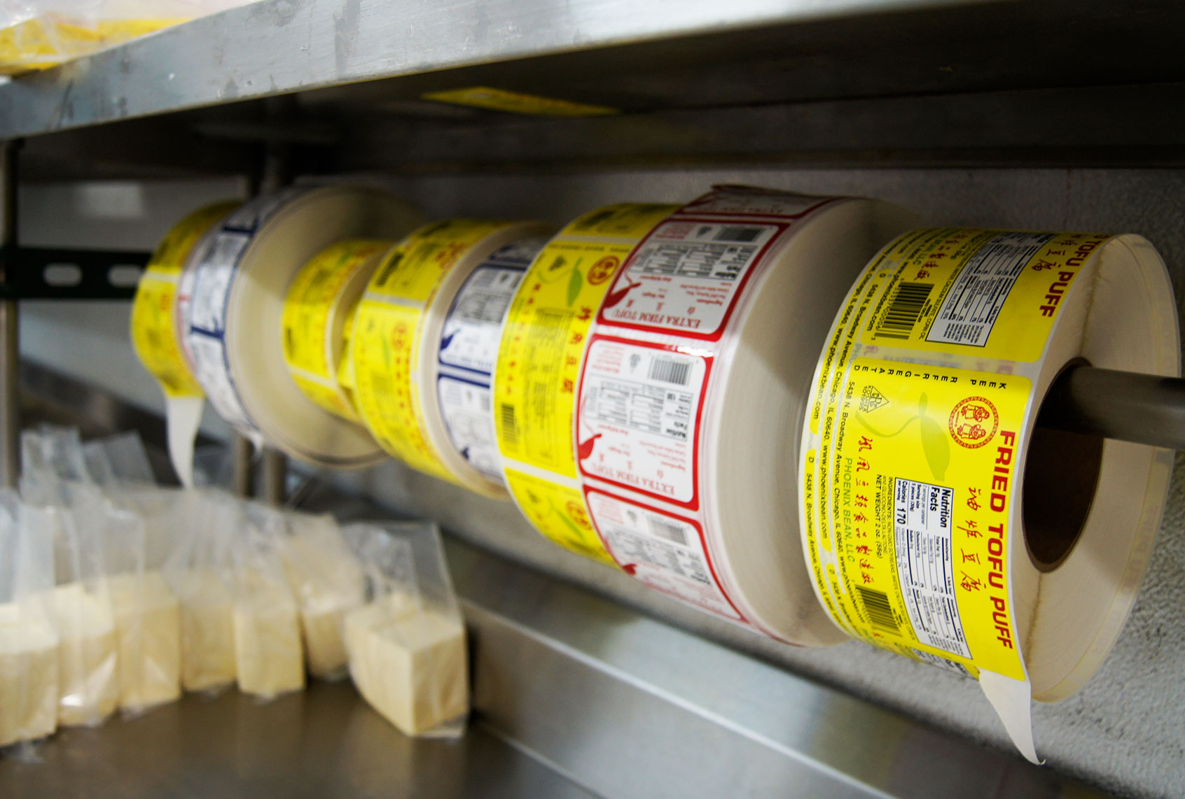 Labels at Jenny's Tofu factory (Stephen Pate)