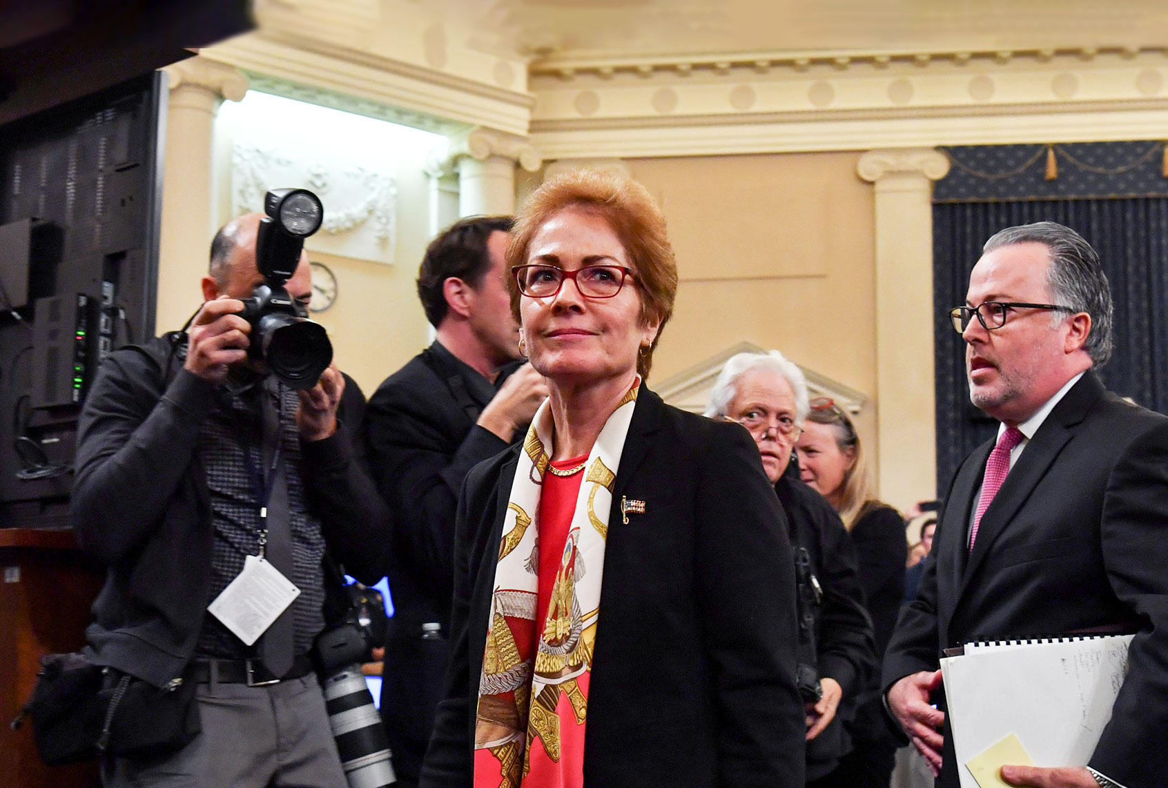 Former US Ambassador to the Ukraine Marie Yovanovitch leaves after her testimony before the House Permanent Select Committee on Intelligence as part of the impeachment enquiry into US President Donald Trump, on Capitol Hill on November 15, 2019 in Washington DC. - Public impeachment hearings resumed Friday with the testimony of former ambassador to Ukraine Marie Yovanovitch, who says she was ousted because the Trump administration believed she would not go along with plans to pressure Ukraine to investigate Democrat Joe Biden, a potential Trump White House rival in 2020. (NICHOLAS KAMM/AFP via Getty Images)