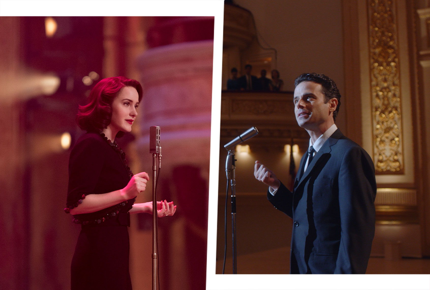 Rachel Brosnahan (Miriam 'Midge' Maisel) and Luke Kirby (Lenny Bruce) in "The Marvelous Mrs. Maisel" (Photo illustration by Salon/Prime Video/Christopher Saunders)