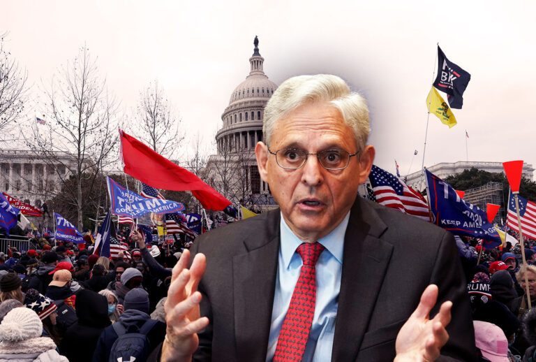 U.S. Attorney General Merrick Garland | Protesters gather outside the U.S. Capitol Building on January 06, 2021 in Washington, DC. (Photo illustration by Salon/Getty Images)