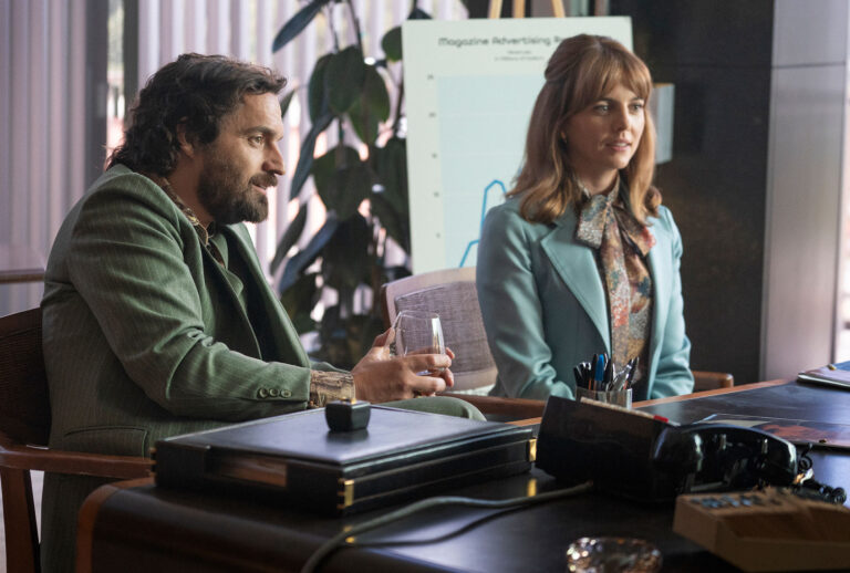 Jake Johnson and Ophelia Lovibond in "Minx" (Katrina Marcinowski/HBO ﻿Max)