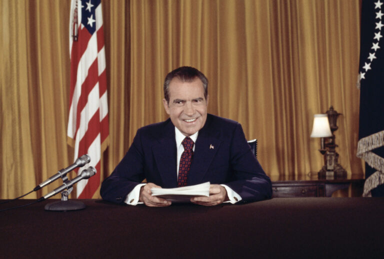 President Richard Nixon posing for a photo after addressing the nation on Watergate (Bettmann/Getty Images)