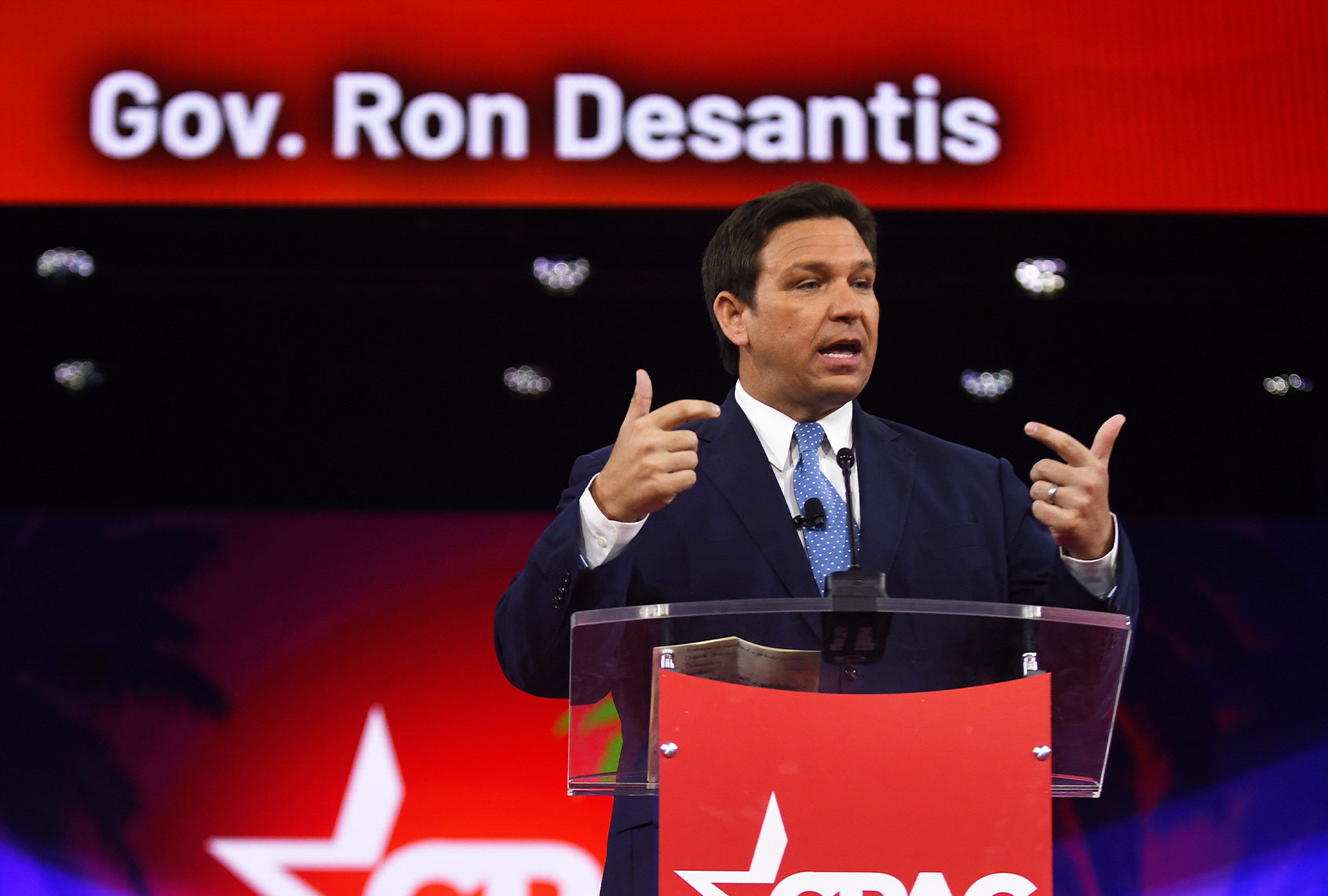 Florida Republican Governor Ron DeSantis addresses attendees on day one of the 2022 Conservative Political Action Conference (CPAC) in Orlando. (Paul Hennessy/SOPA Images/LightRocket via Getty Images)