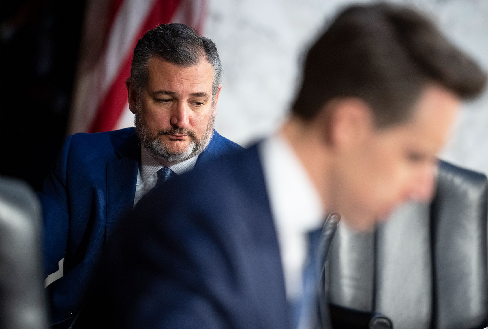 Sen. Josh Hawley, R-Mo., right, and Sen. Ted Cruz, R-Texas, are seen on the fourth day of the Senate Judiciary Committee confirmation hearing for Judge Ketanji Brown Jackson, President Bidens nominee for Associate Justice to the Supreme Court, in Hart Senate Office Building on Capitol Hill, on Thursday, March 24, 2022. (Tom Williams/CQ-Roll Call, Inc via Getty Images)