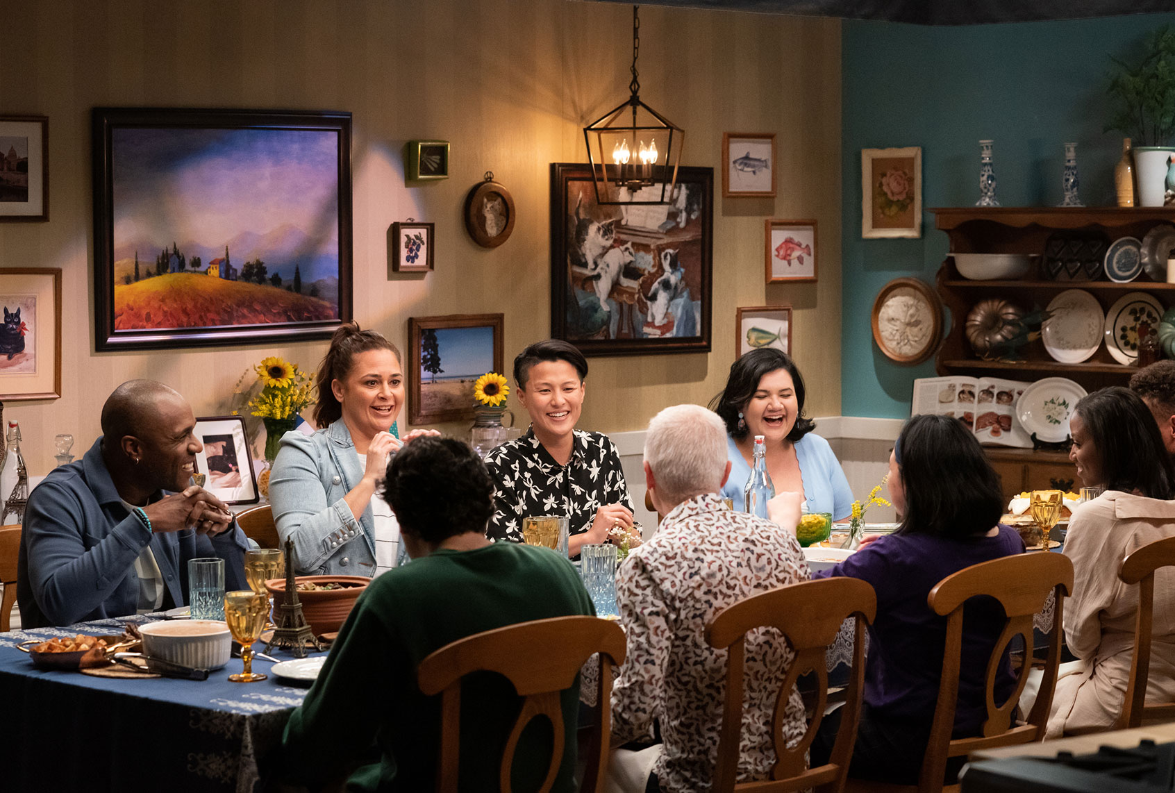 Host Antonia Lofaso, guest judges Cliff Crooks and Melissa King and the contestants taste the everyone's dishes for the second challenge on "The Julia Child Challenge" (Photo courtesy of Food Network)