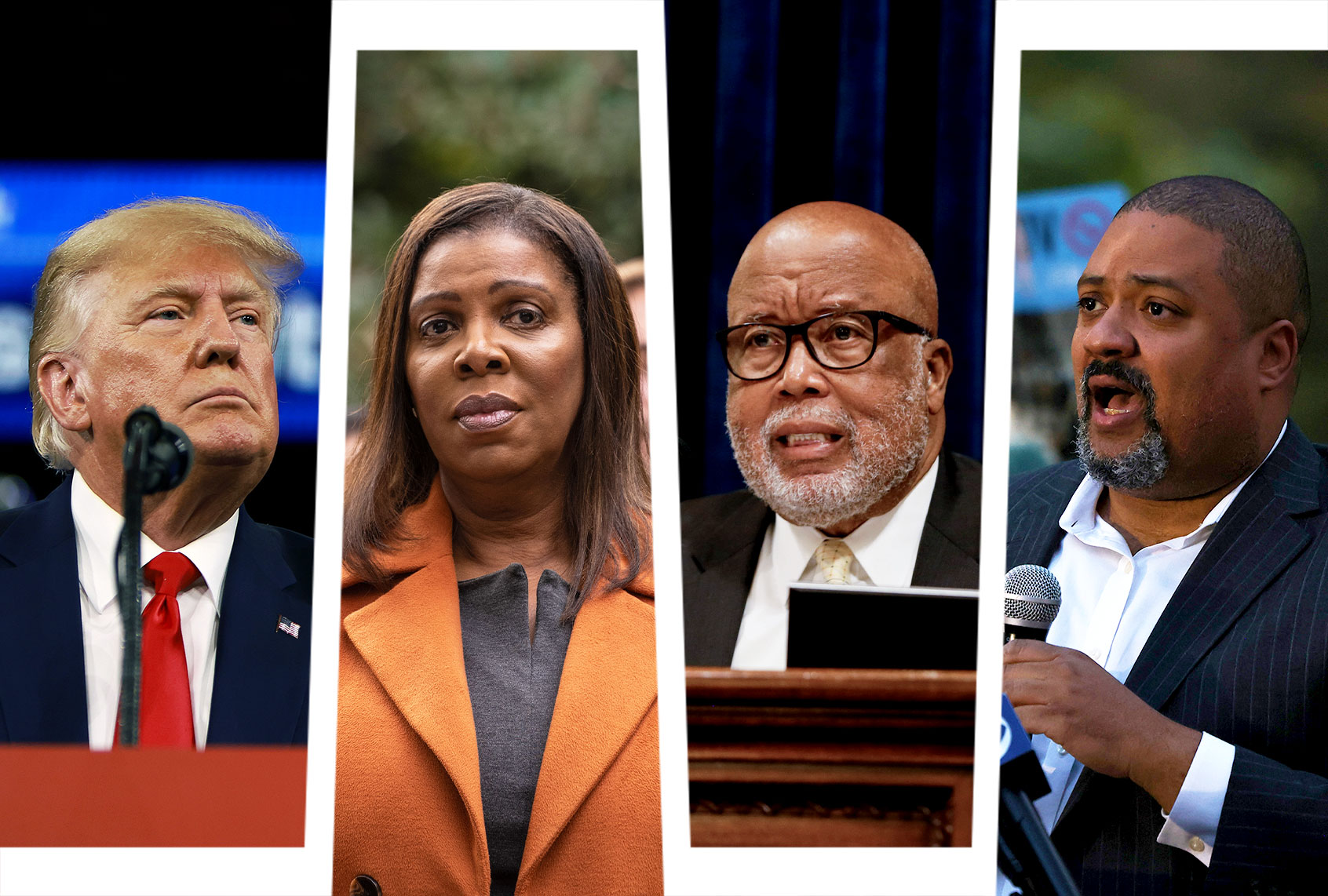 Donald Trump, Letitia James, Bennie Thompson and Alvin Bragg (Photo illustration by Salon/Getty Images)