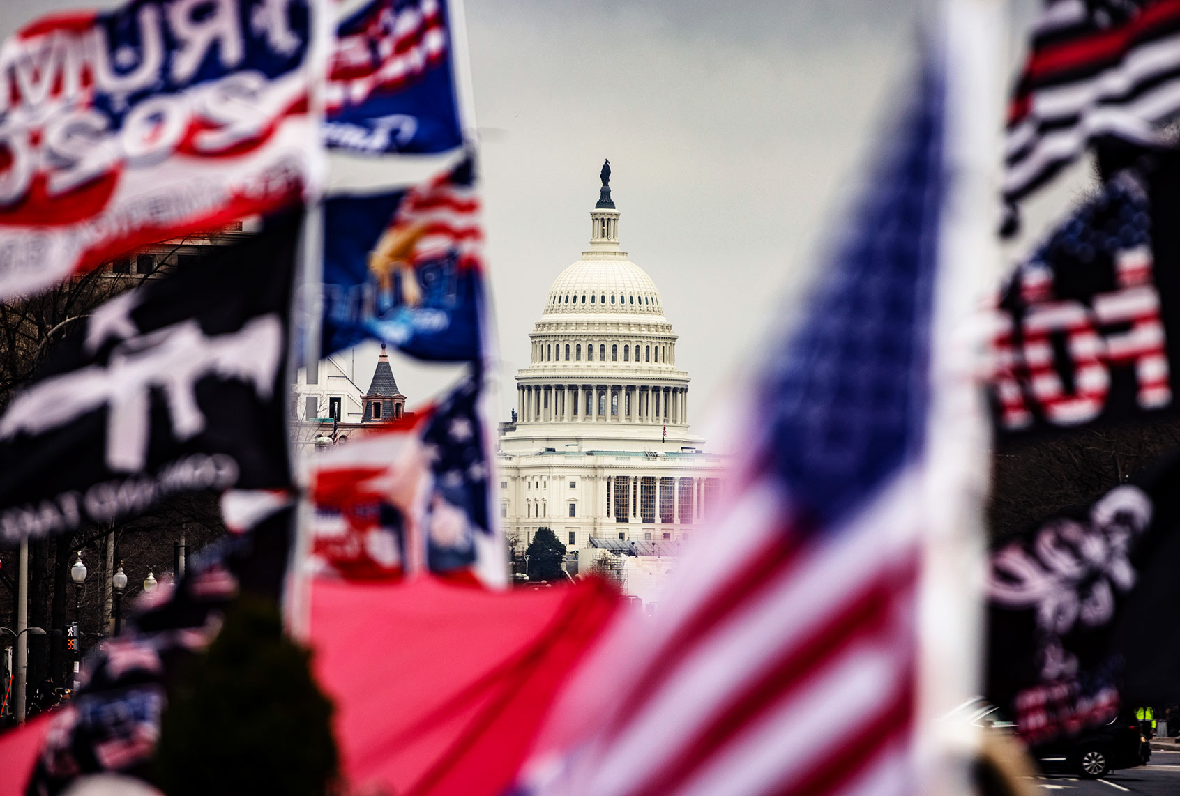 The US Capitol is seen from Freedom Plaza where Supporters of President Donald Trump have gathered for a rally on January 5, 2021 in Washington, DC. Today's rally kicks off two days of pro-Trump events fueled by President Trump's continued claims of election fraud and a last ditch effort to overturn the results before Congress finalizes them on January 6. (Samuel Corum/Getty Images)