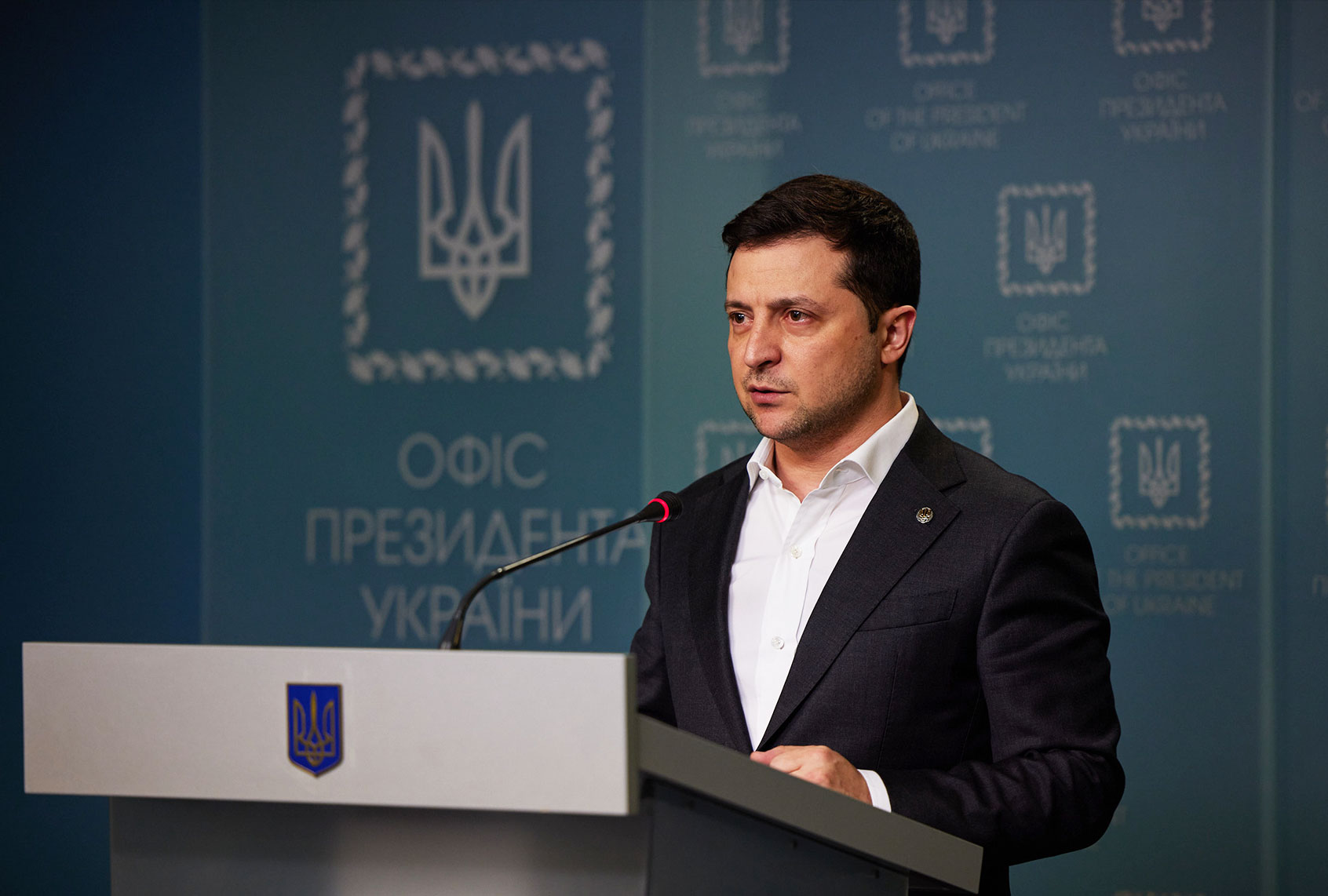 President of Ukraine Volodymyr Zelenskyy holds a press conference in regard of Russia's attack on Ukraine in Kiev, Ukraine on February 24, 2022. (Ukrainian Presidency/Handout/Anadolu Agency via Getty Images)