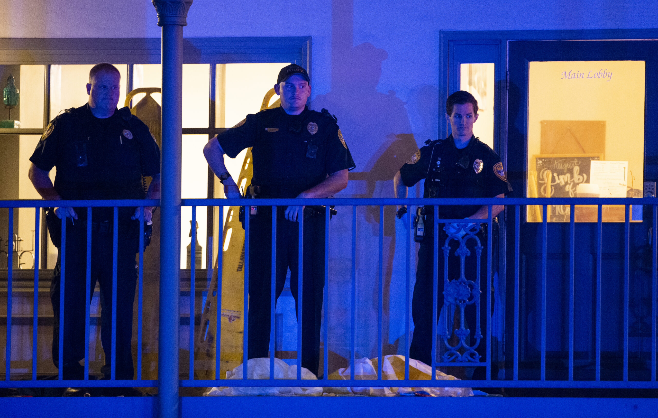Tallahassee Police officers are stationed outside the HotYoga Studio after a gunman killed one person and injured several others inside on November 2, 2018 in Tallahassee, Florida. (Mark Wallheiser/Getty Images)