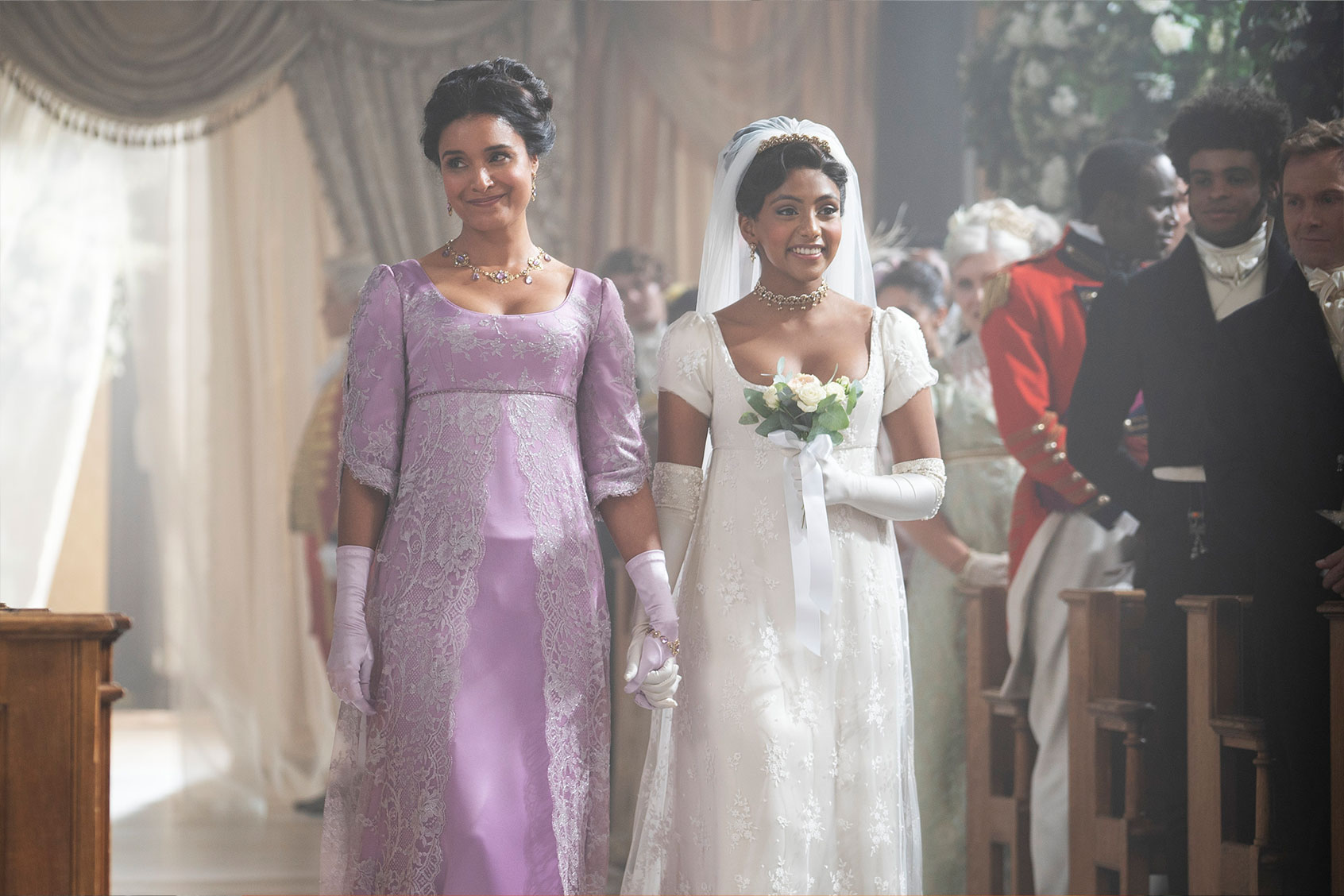Shelley Conn as Mary Sharma and Charithra Chandran as Edwina Sharma in "Bridgerton." (Liam Daniel/Netflix)