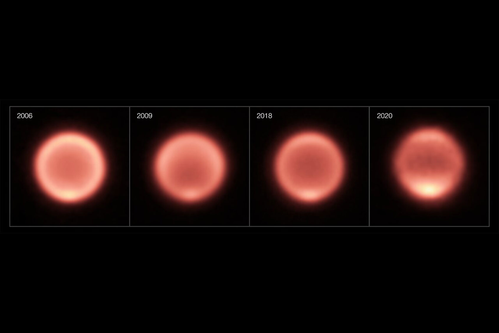 Thermal images of Neptune taken between 2006 and 2020. (ESO/M. Roman, NAOJ/Subaru/COMICS)