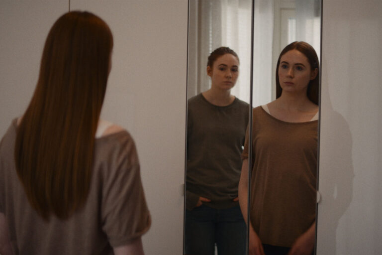 (L-R) Karen Gillan as Sarah and Karen Gillan as Clone Sarah in the sci-fi film, "Dual" (Photo courtesy of RLJE Films)