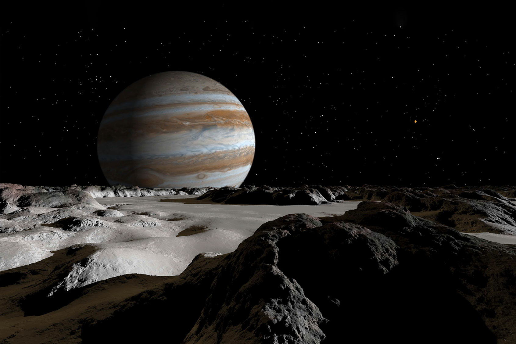 Jupiter's large moon, Europa, is covered by a thick crust of ice above a vast ocean of liquid water (Getty Images/Ron Miller/Stocktrek Images)