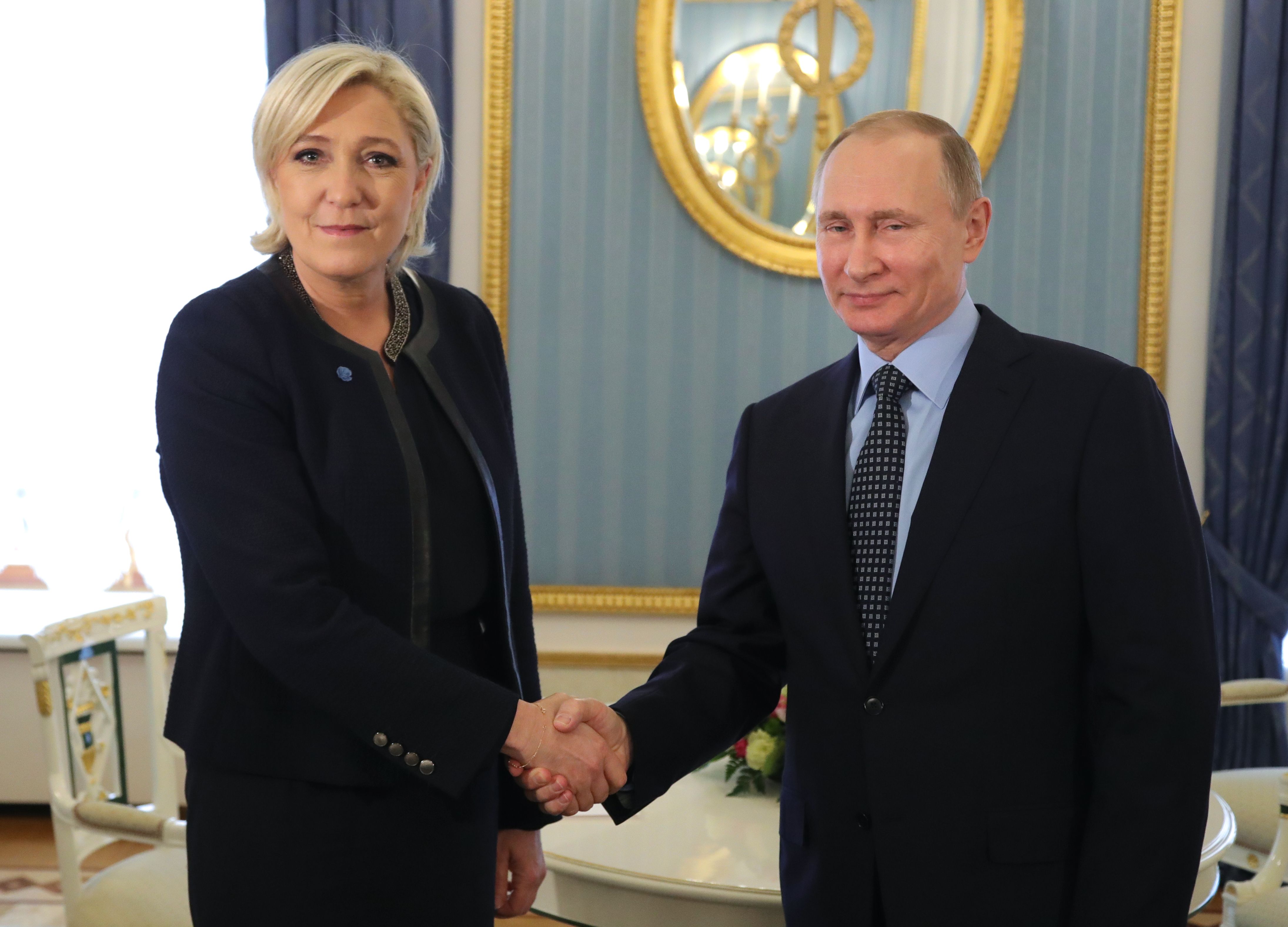 Russian President Vladimir Putin meets with far-right French presidential candidate Marine Le Pen at the Kremlin in Moscow, March 24, 2017. (MIKHAIL KLIMENTYEV/AFP via Getty Images)