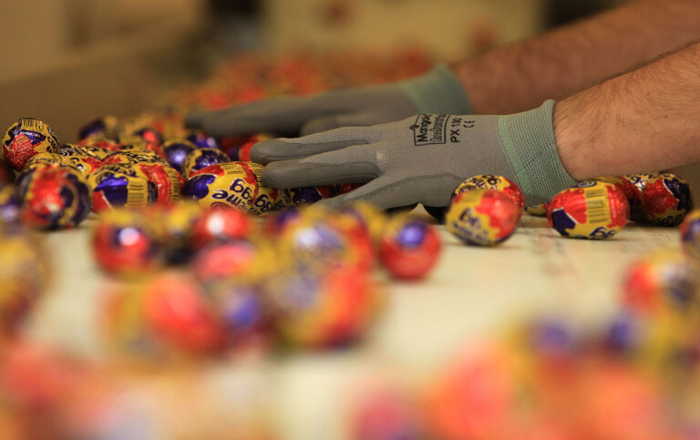 Cadbury's Creme Eggs move down the production line at the Cadbury's Bournville production plant (Photo by Christopher Furlong/Getty Images)
