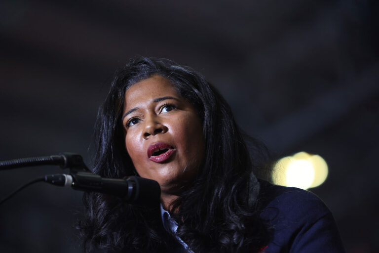 Kristina Karamo, who is running for Michigan Republican party's nomination for secretary of state, speaks at a rally hosted by former President Donald Trump on April 02, 2022 near Washington, Michigan. (Scott Olson/Getty Images)
