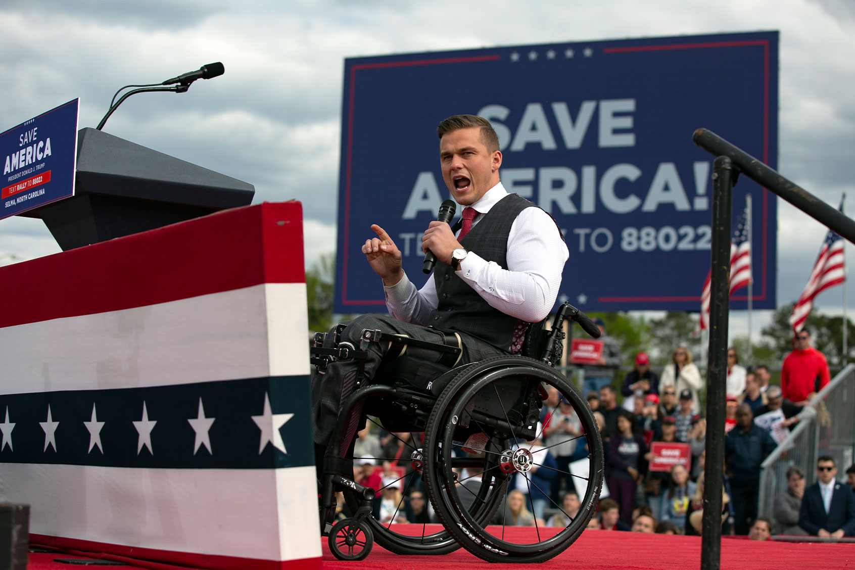 Rep. Madison Cawthorn speaks before a rally for former U.S. President Donald Trump at The Farm at 95 on April 9, 2022 in Selma, North Carolina. The rally comes about five weeks before North Carolinas primary elections where Trump has thrown his support behind candidates in some key Republican races. (Allison Joyce/Getty Images)
