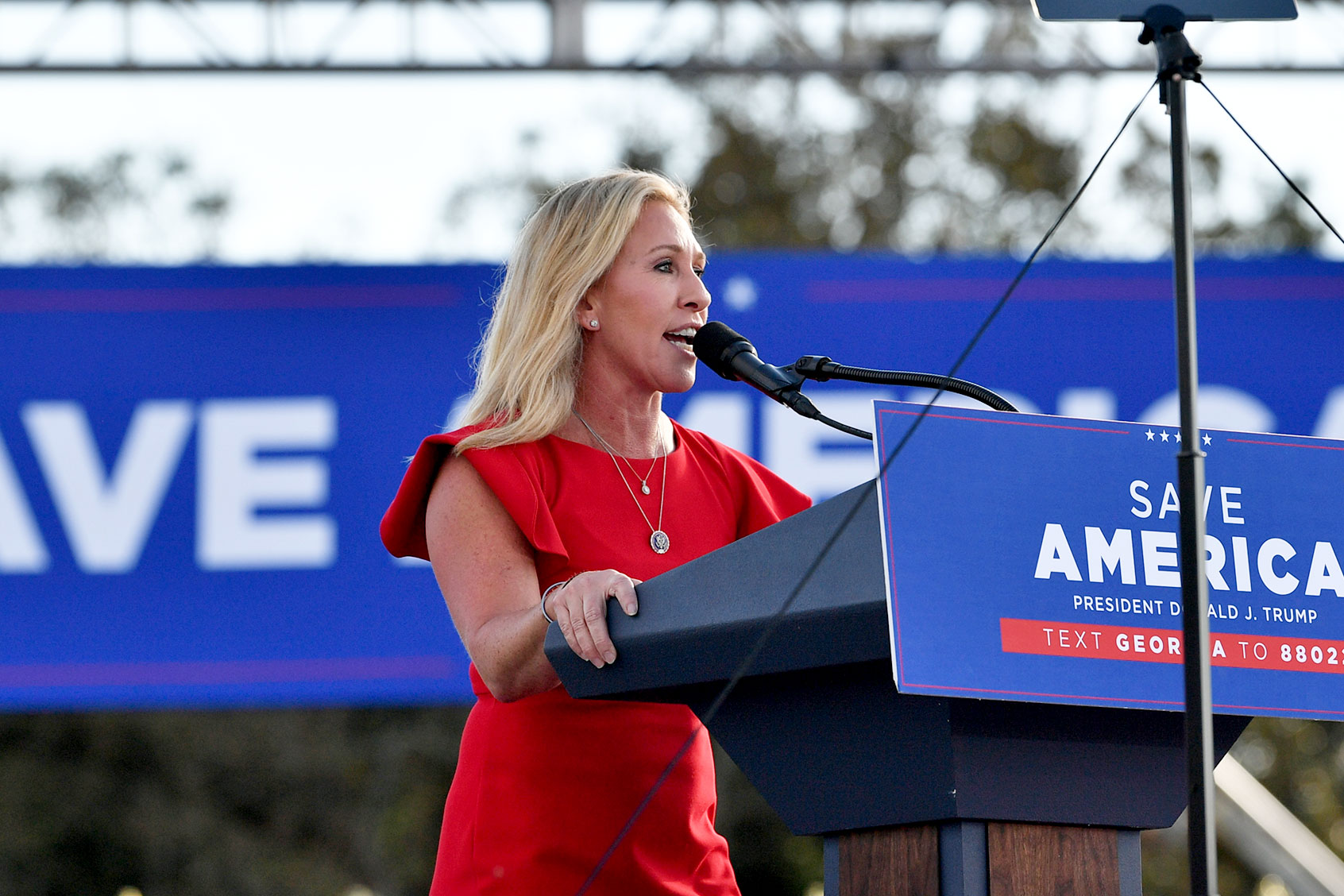 Rep. Marjorie Taylor Greene speaks during former president Donald J Trump's Save America rally in Perry, GA, United States on September 25, 2021. (Peter Zay/Anadolu Agency via Getty Images)