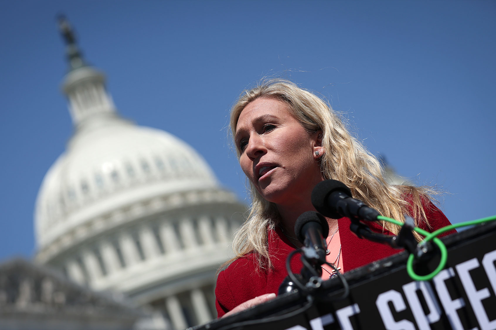 Rep. Marjorie Taylor Greene (R-GA) speaks during a press conference outside the U.S. Capitol April 28, 2022 in Washington, DC. (Win McNamee/Getty Images)