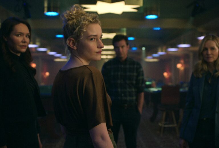 Katrina Lenk as Clare Shaw, Julia Garner as Ruth Langmore, Jason Bateman as Marty Byrde, Laura Linney as Wendy Byrde (COURTESY OF NETFLIX)