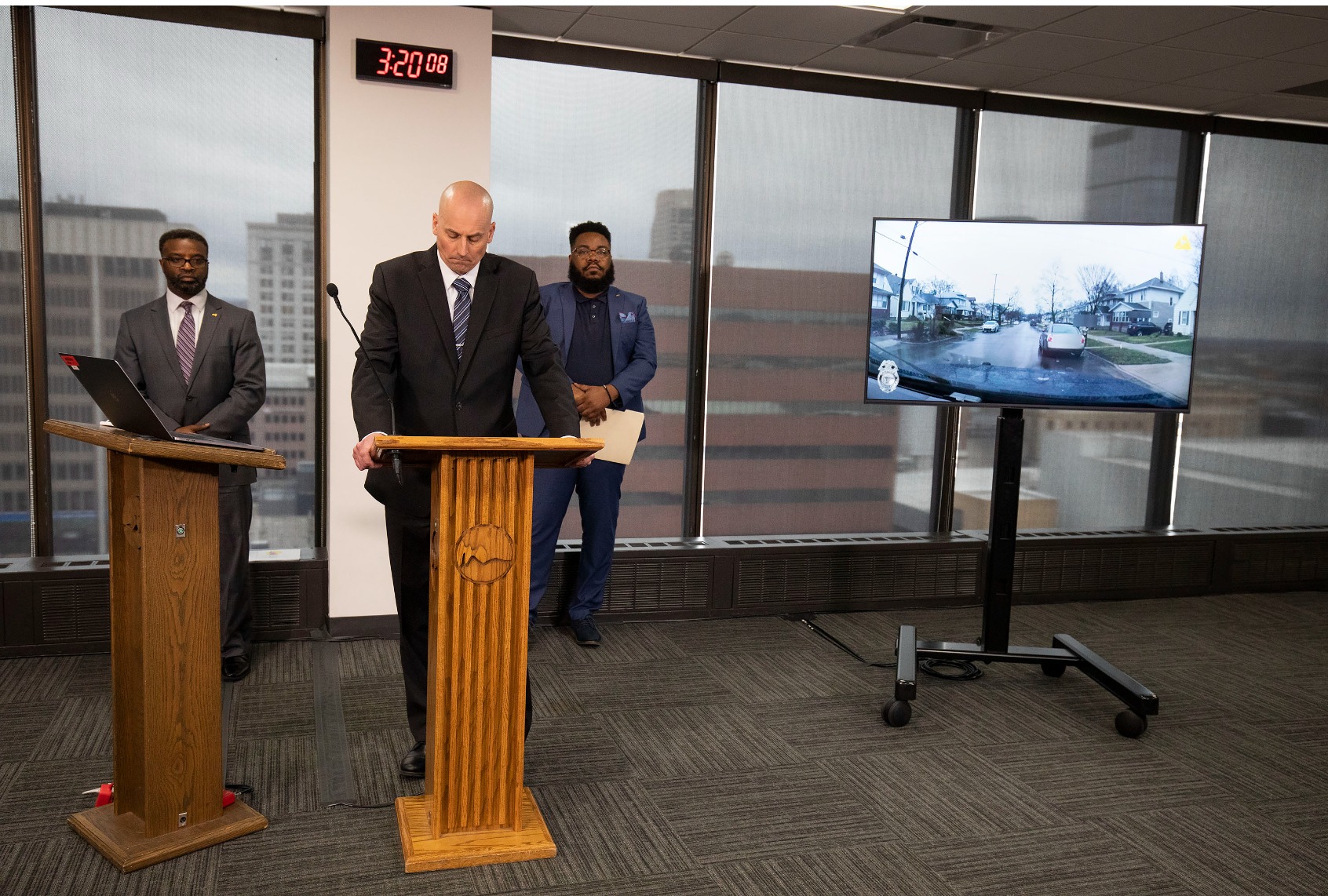 GRAND RAPIDS, MI - APRIL 13: Grand Rapids Police Chief Eric Winstrom (C) stands at a press conference while video footage is released of the police shooting of Patrick Lyoya on April 13, 2022 in Grand Rapids, Michigan. Lyoya, a 26-year old Black man, was shot and killed on April 4th by a Grand Rapids police officer following a traffic stop. The officer was alone at the time of the shooting and has been placed on administrative leave. (Photo by Bill Pugliano/Getty Images)