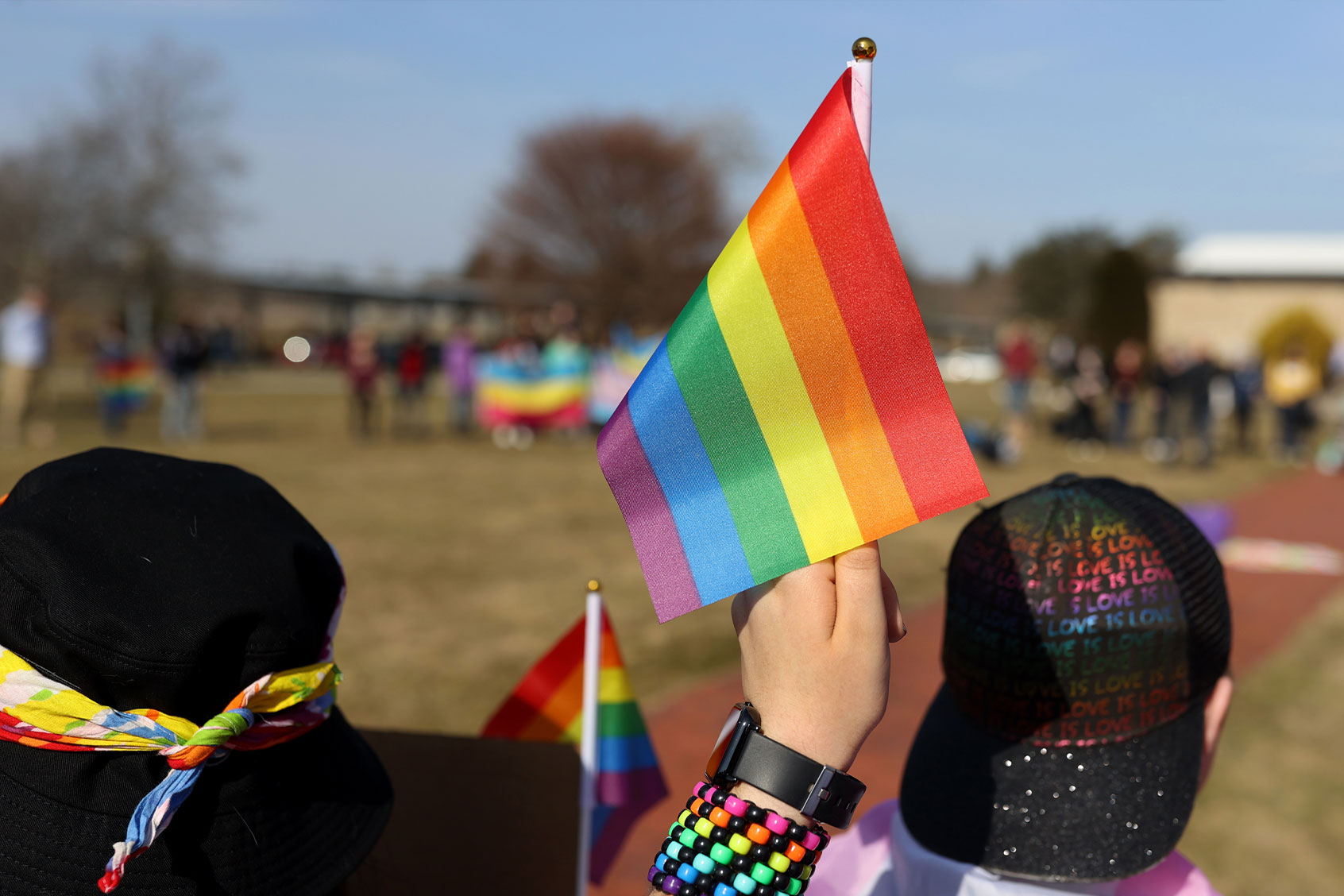 Students at the Norfolk County Agricultural High School participated in a Gay Student Alliance protest/rally in Walpole, MA on March 11, 2022. The event was held in conjunction with the school administration to support a nationwide student protest over anti-LGBT government education plans in Florida and Texas. (Jonathan Wiggs/The Boston Globe via Getty Images)