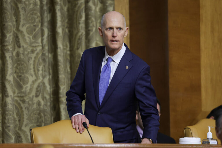U.S. Sen. Rick Scott (R-FL) arrives as Director of the Office of Management and Budget (OMB) Shalanda Young is testifying before the Senate Budget Committee at the Dirksen Senate Office Building on March 30, 2022 in Washington, DC. Young is testifying on President Biden's budget request for fiscal Year 2023. (Kevin Dietsch/Getty Images)