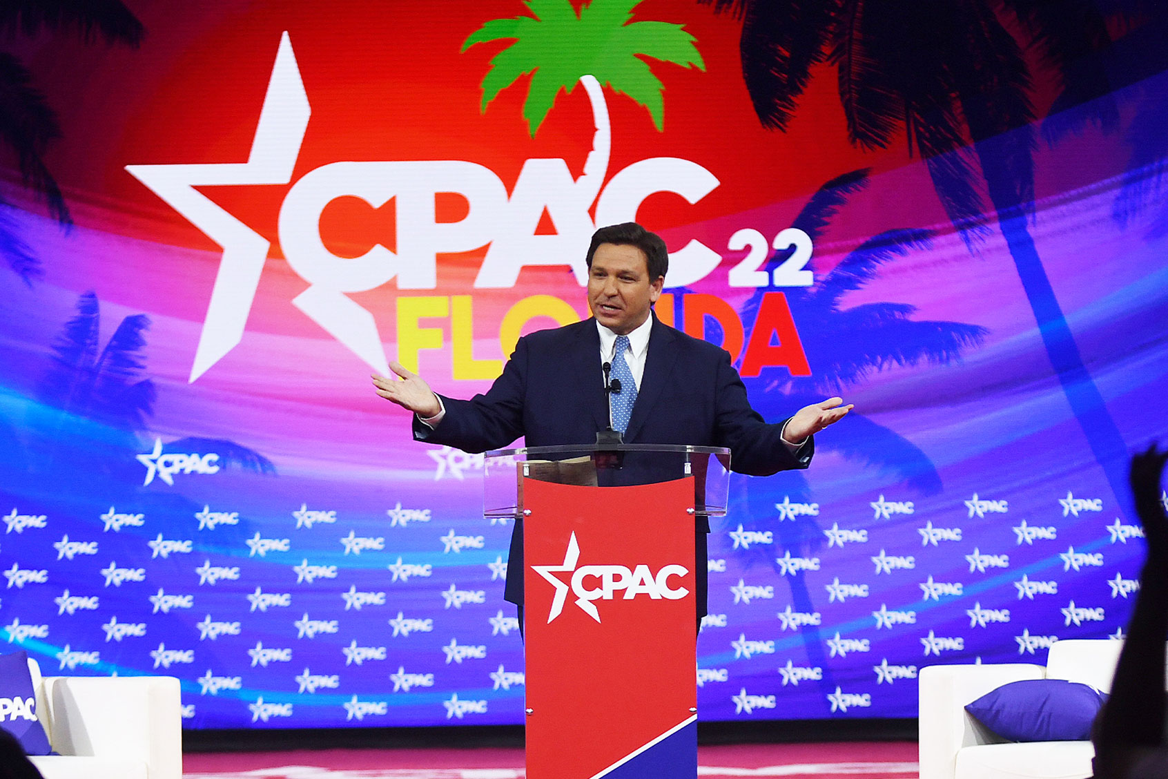 Florida Republican Governor Ron DeSantis addresses attendees on day one of the 2022 Conservative Political Action Conference (CPAC) in Orlando. (Paul Hennessy/SOPA Images/LightRocket via Getty Images)