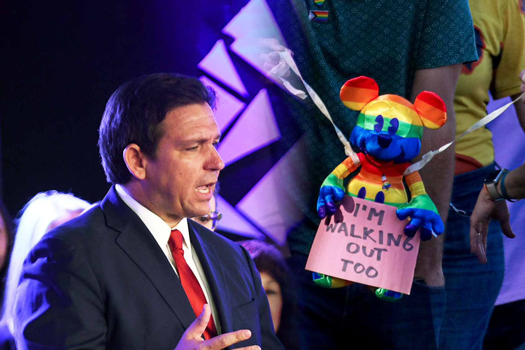 Florida Governor Ron DeSantis | Protesters walk with a Mickey Mouse in rainbow colors, protesting CEO Bob Chapek's handling of the staff controversy over Florida's "Don't Say Gay" bill, aka the "Parental Rights in Education" bill, walk along Alameda Avenue in front of Walt Disney Company on Tuesday, March 22, 2022 in Burbank, CA. (Photo illustration by Salon/Getty Images)