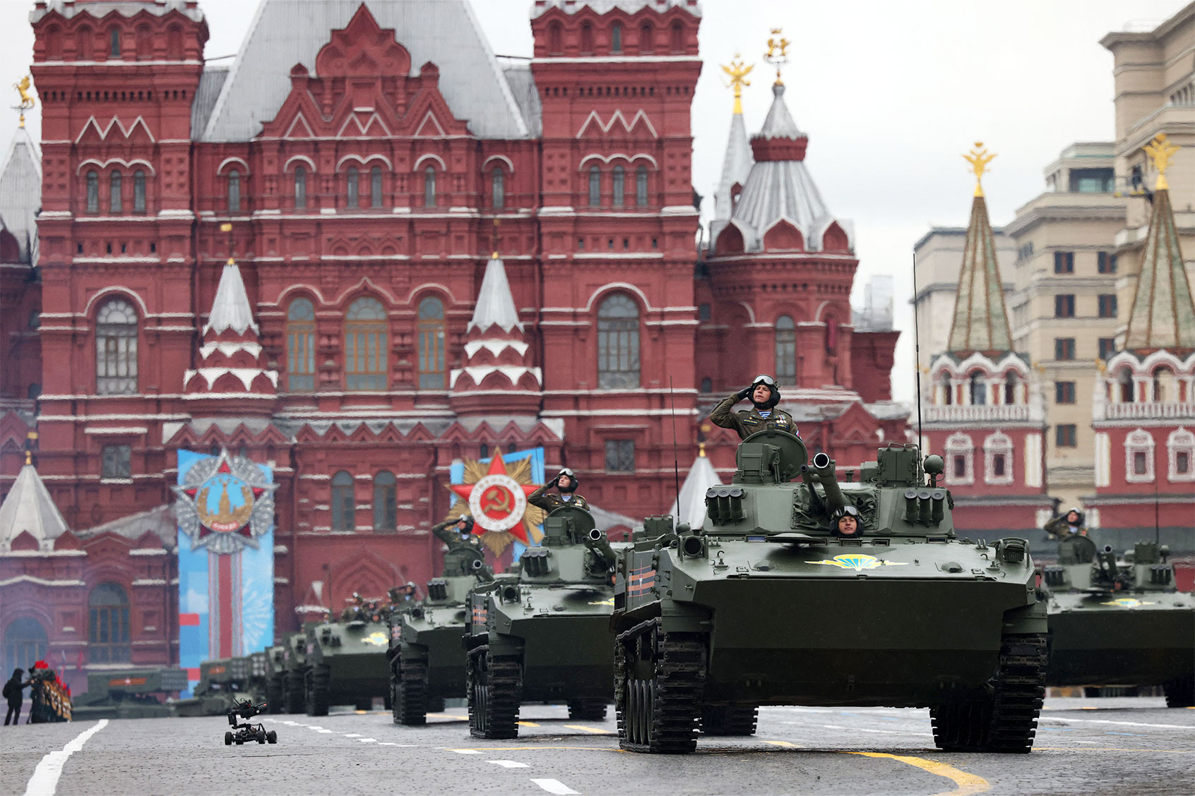 Russian military vehicles move through Red Square during the Victory Day military parade in Moscow on May 9, 2021. - Russia celebrates the 76th anniversary of the victory over Nazi Germany during World War II. (DIMITAR DILKOFF/AFP via Getty Images)