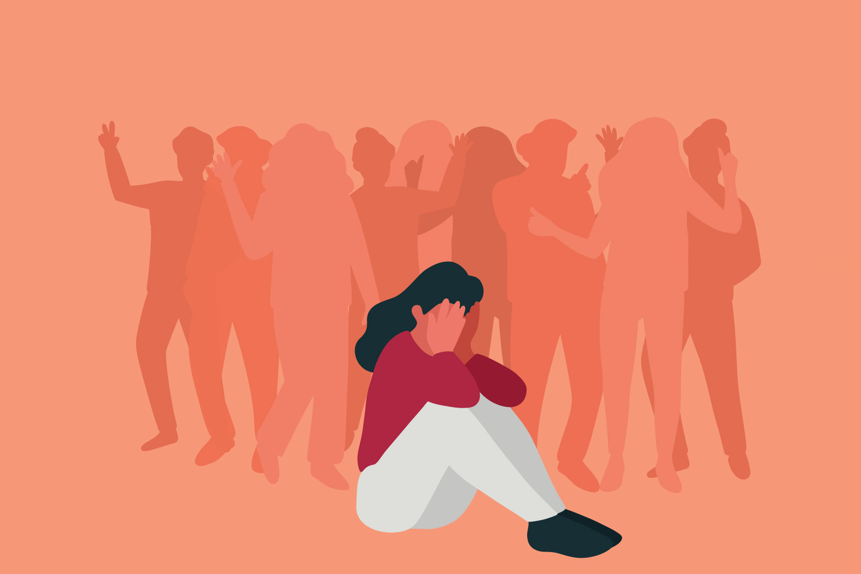 Sad woman sitting in the crowd (Getty Images/studiostockart)