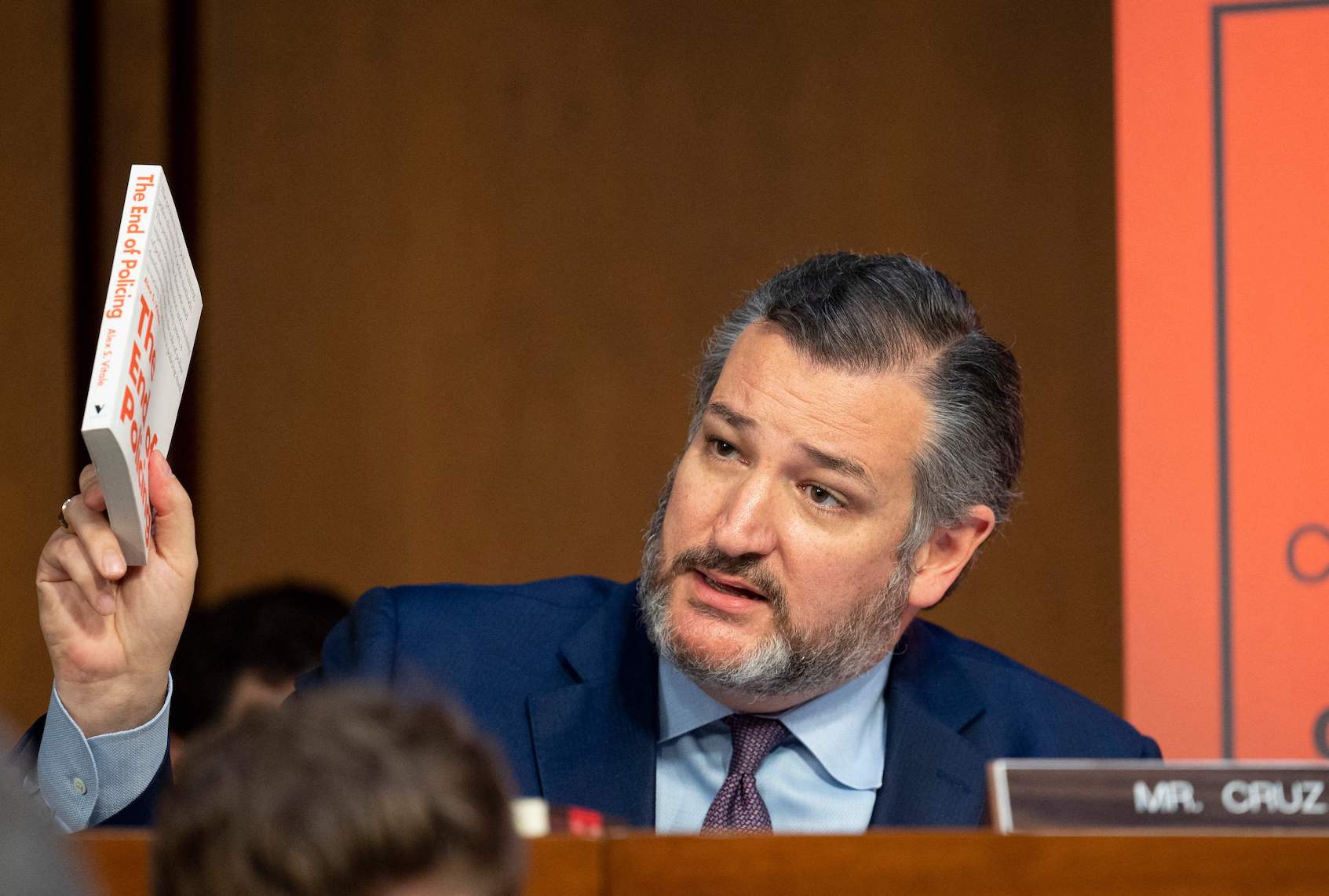 US Senator Ted Cruz (R-TX) holds up the book The End of Policing while questioning Judge Ketanji Brown Jackson before the Senate Judiciary Committee on her nomination to be an Associate Justice on the US Supreme Court, in the Hart Senate Office Building on Capitol Hill in Washington, DC, on March 22, 2022. (JIM WATSON/AFP via Getty Images)