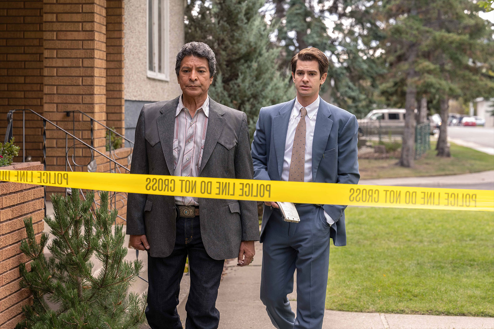 Gil Birmingham as Bill Taba and Andrew Garfield as Jeb Pyre in "Under The Banner Of Heaven" (Michelle Faye/FX)