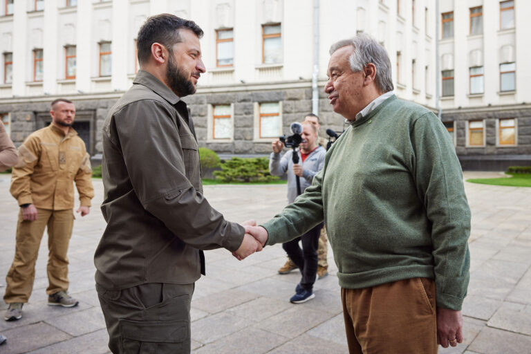 Ukrainian President Volodymyr Zelensky meets UN Secretary-General Antonio Guterres in Kyiv, Ukraine on 28 April 2022. (Ukrainian Presidency/Anadolu Agency via Getty Images)
