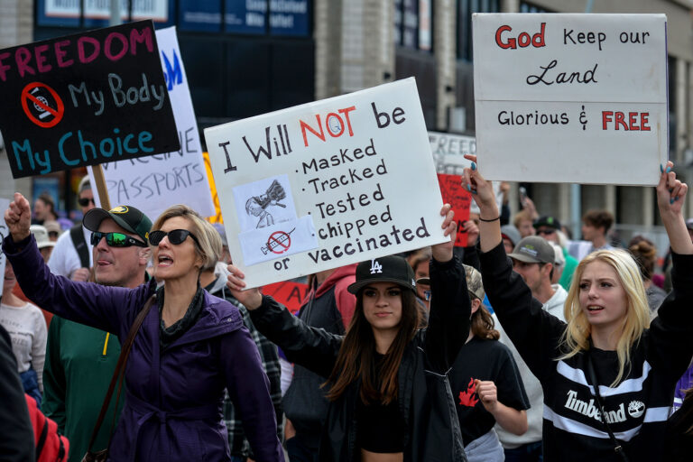 Hundreds of people attended the 'World Wide Rally for Freedom' outside the Alberta Legislature on Saturday afternoon, in one of several scheduled demonstrations across the world. (Artur Widak/NurPhoto via Getty Images)